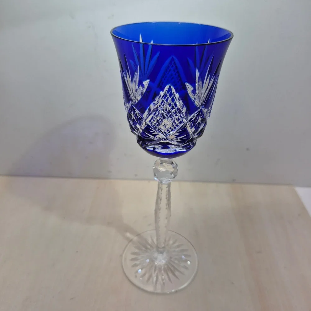 Cobalt Blue Cut to Clear Crystal Wine bohemian Goblet 8.25
